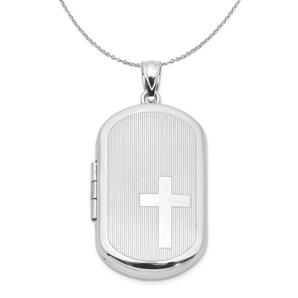 Sterling Silver 30mm Side Cross Rectangular Locket Necklace - 20 Inch